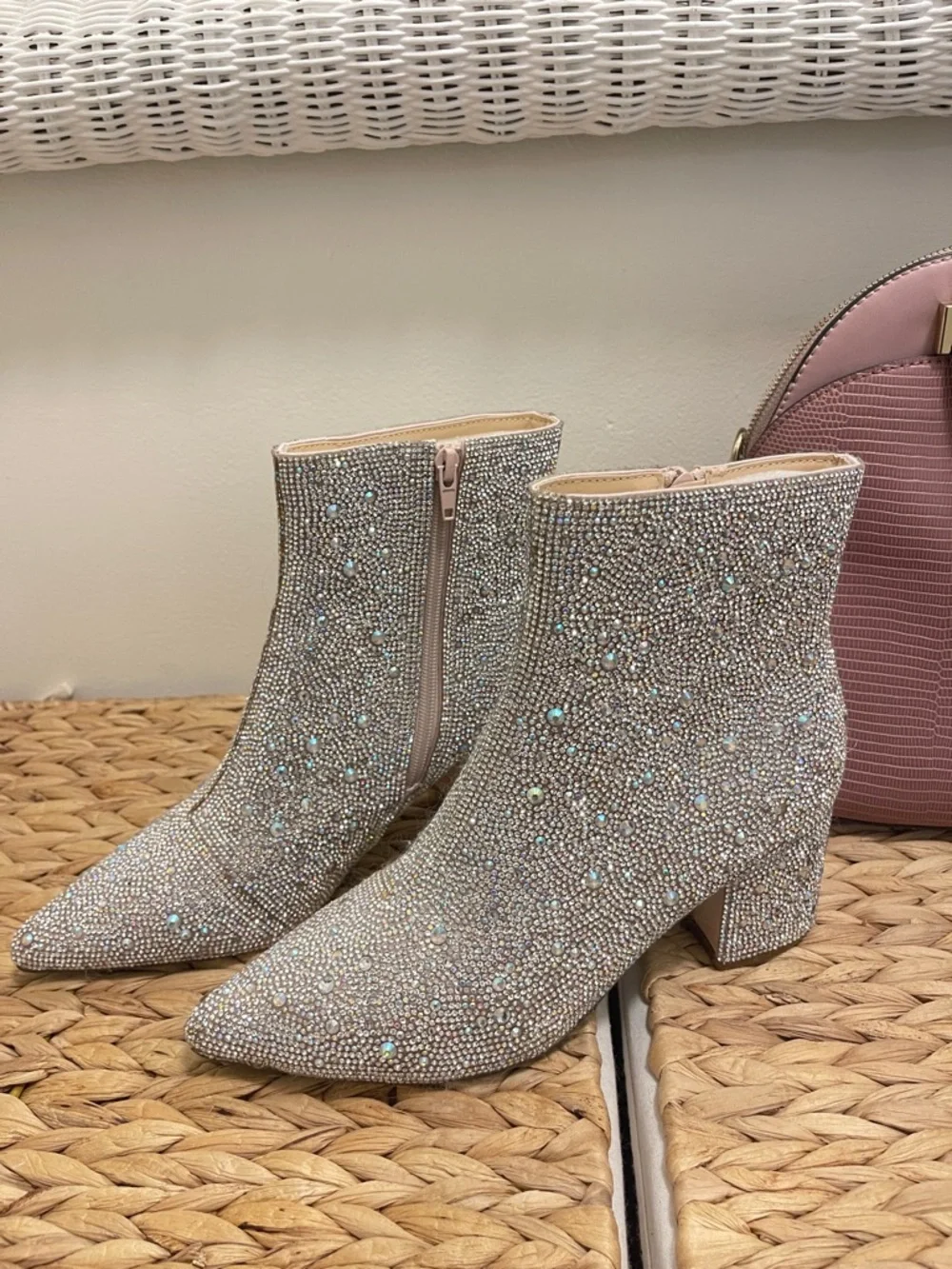 Betsey Johnson Crystal Embellished Silver Sparkle Ankle Boots